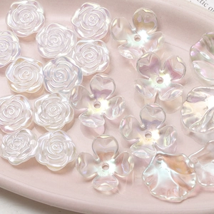 Iridescent white acrylic camellia and shell flower charms for DIY jewelry making
