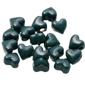 Deep green ceramic heart-shaped loose beads with holes for DIY jewelry making