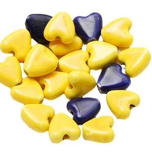 Perles en céramique cœur brillantes jaunes et bleues avec trous latéraux pour bijoux DIY