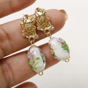 French vintage handmade gold lava textured earrings with pink rose glass oval pendants