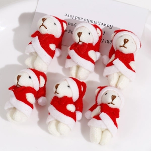 Set of 6 Christmas white teddy bear plush pendants with red Santa hats and bow ties