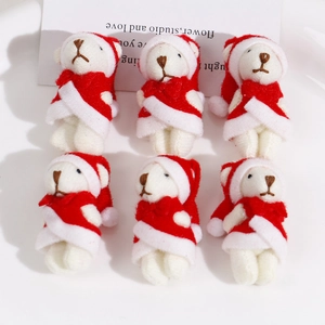 Detailed set of six miniature white plush Christmas bears with red bows and festive hats