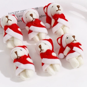 Set of six Christmas teddy bear plush ornaments with red hats and bows for DIY decor