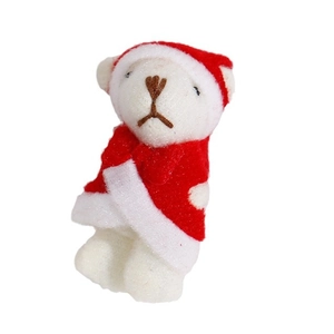 Miniature white plush Christmas bear with red Santa hat and festive scarf decoration