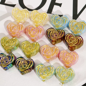 Iridescent heart beads with gold rose engravings for DIY jewelry making in multiple colors