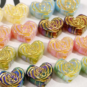 Colorful gradient heart beads with golden rose patterns for DIY jewelry making