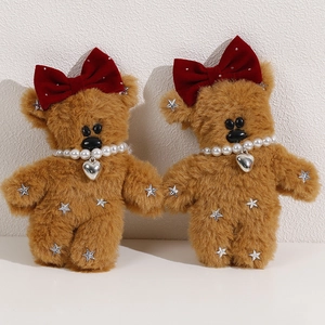 Cute brown plush bears with red velvet bows and pearl necklaces for DIY accessories