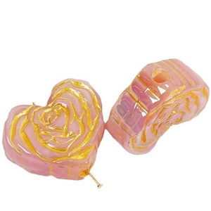 Gradient resin beads with golden rose relief, heart and cylinder shapes for DIY jewelry