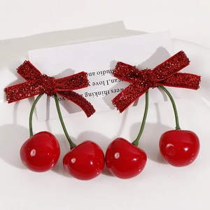 Sweet red cherry pendant with velvet bowknot for DIY jewelry and hair accessories