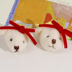 Cute white plush bear accessories with red velvet bows for DIY hair clips and jewelry