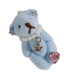 Cute sky blue plush teddy bear keychain with pearl necklace and silver star pendant