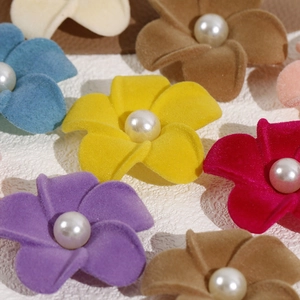 Colorful flocked flower charms with pearl centers for DIY jewelry and hair accessories