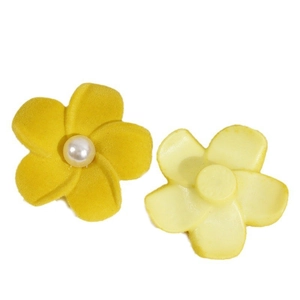 Yellow flocked flower accessories with pearl center showing front and back views