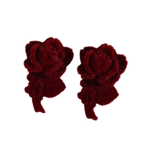 Elegant wine red flocked rose flower stud earrings with a vintage velvet texture finish