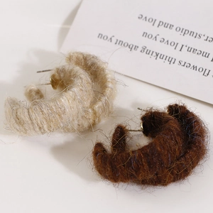 Minimalist C-shaped plush wool wrapped stud earrings in beige and brown colors