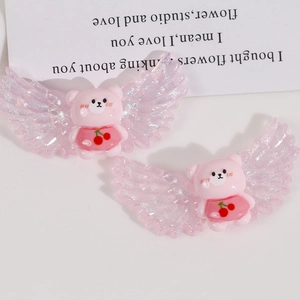 Pink resin bear charm with purple glitter angel wings for DIY jewelry and hair accessories