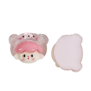 Cute resin cartoon girl with pink bear hat DIY accessory showing front and back views