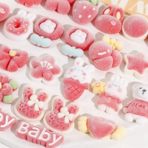 Pink and red flocked resin cartoon accessories set with bear, rabbit and strawberry shapes