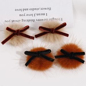 Handmade velvet ribbon bow with faux mink fur pompom DIY jewelry accessory