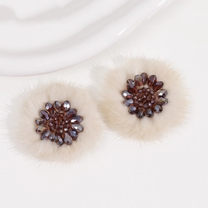 Winter plush floral ear studs with purple crystal beads and beige faux fur trim accessories