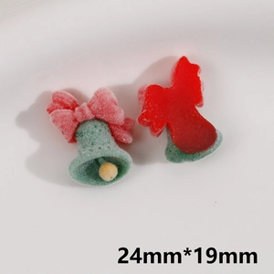 Detail view of 24x19mm flocked Christmas bell charm with pink bow for DIY crafts