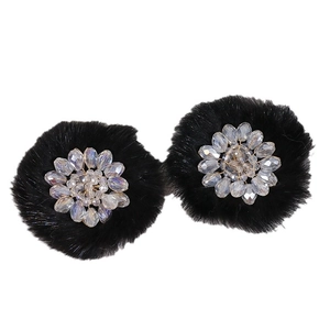 Winter plush black faux fur flower hair accessories with sparkling crystal beaded centers