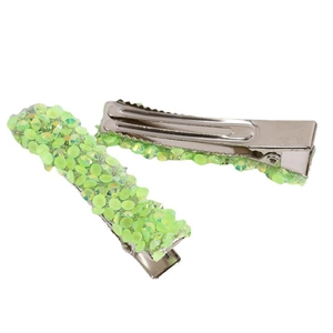 Set di due fermagli per capelli verde fluorescente con strass e base in metallo argentato