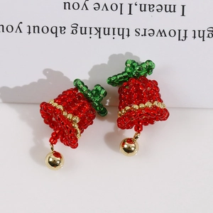 Handgefertigte rot-grüne Perlen-Ohrringe im Weihnachtsglocken-Stil mit Goldakzenten