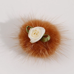 Brown faux fur plush flower with white silk rose and green ribbon leaves for DIY crafts