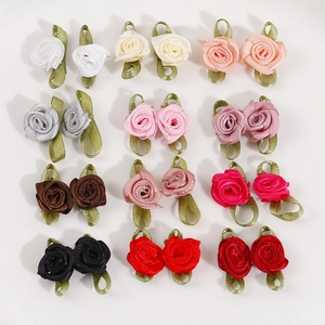Mini Handmade Ribbon Rose Flowers With Green Leaves Satin Roses For DIY Crafts Sewing Apparel Decorations Floral Accessories