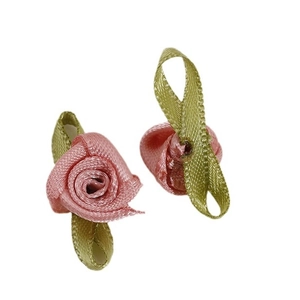 Handmade pink ribbon rose appliques with green leaves for DIY clothing accessories