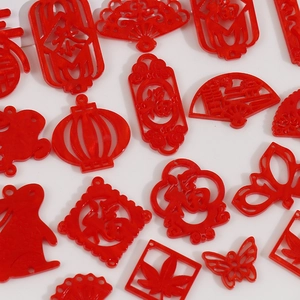 Chinese New Year red acrylic charm set featuring lanterns, fans, and zodiac rabbits