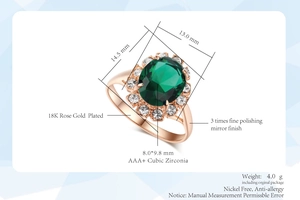 Dettaglio macro dell'anello in zircone verde smeraldo con dimensioni e placcatura oro rosa