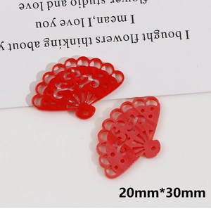 Detail of red fan DIY resin accessory with hollow patterns, size 20mm x 30mm