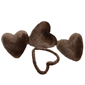 Dark brown plush heart elastic hair tie with triple velvet heart charms for women