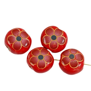 12mm red ceramic flower beads with gold floral pattern for DIY jewelry making