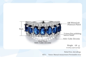 Detail of blue oval cubic zirconia ring with white gold plating and size dimensions