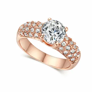 Bague de Fiançailles en Cuivre et Zircone Mode OL pour Femmes Rond Étincelant CZ Micro Pavé Or Rose Plaqué Or Blanc Bijoux