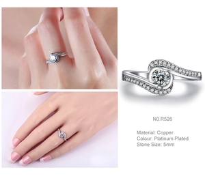 Detail view of crossover ring in platinum plated copper with a 5mm cubic zirconia stone