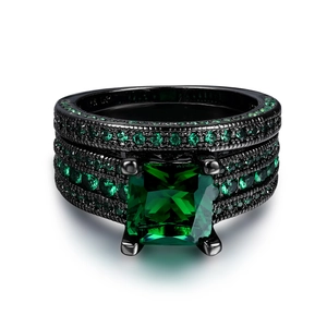 Vintage Black Gold Square Green Cubic Zirconia Combination Rings For Women Elegant Wedding Party Jewelry Stacked Rings