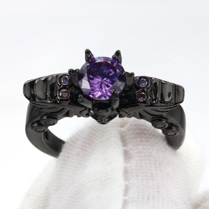 Gothic Black Gold Plated Copper Ring For Women Men Purple Zirconia Skull Wing Punk Vintage Fashion Jewelry Anniversary Gift