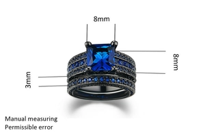 Detail view of 8mm square blue zircon and 3mm black gold plated double set ring band