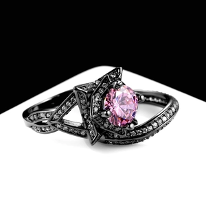 Vintage Kupfer Doppelschicht Ring Für Damen Gothic Schwarz Gold Plattiert Mit Blau Rosa Herz Stern Zirkonia Luxus Mode Schmuck Hochzeit Fingerring Zubehör