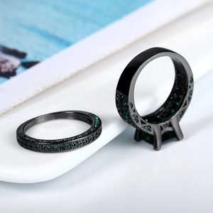 Elegant black plated double ring set featuring a large emerald green square zircon stone