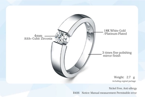 Detail of 4mm AAA zircon ring with polished 18K GP metal band and allergy-free plating