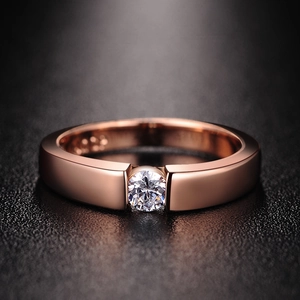 Simple Solitaire Copper Ring With Round Zirconia Stone Rose Gold White Gold Plated Engagement Wedding Ring For Women Men