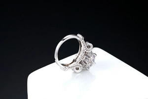 Macro detail of crown design ring with AAA cubic zirconia and adjustable band opening