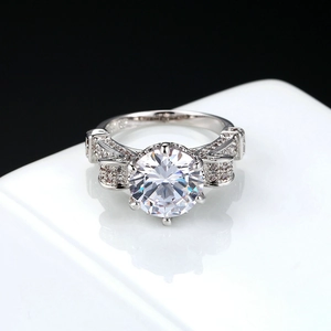 Classic silver-tone engagement ring with six-prong set AAA zircon and micro-pave crystals