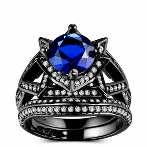 Westerse Mode Koper Zwart Goud Zirconia Ring Set Hoofd Ster Ring En Band Blauwe Steen Gothic Bruiloft Sieraden Voor Vrouwen