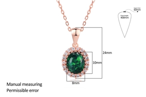 Dettaglio del ciondolo smeraldo halo con pietra 8x10mm e specifiche della lunghezza catena